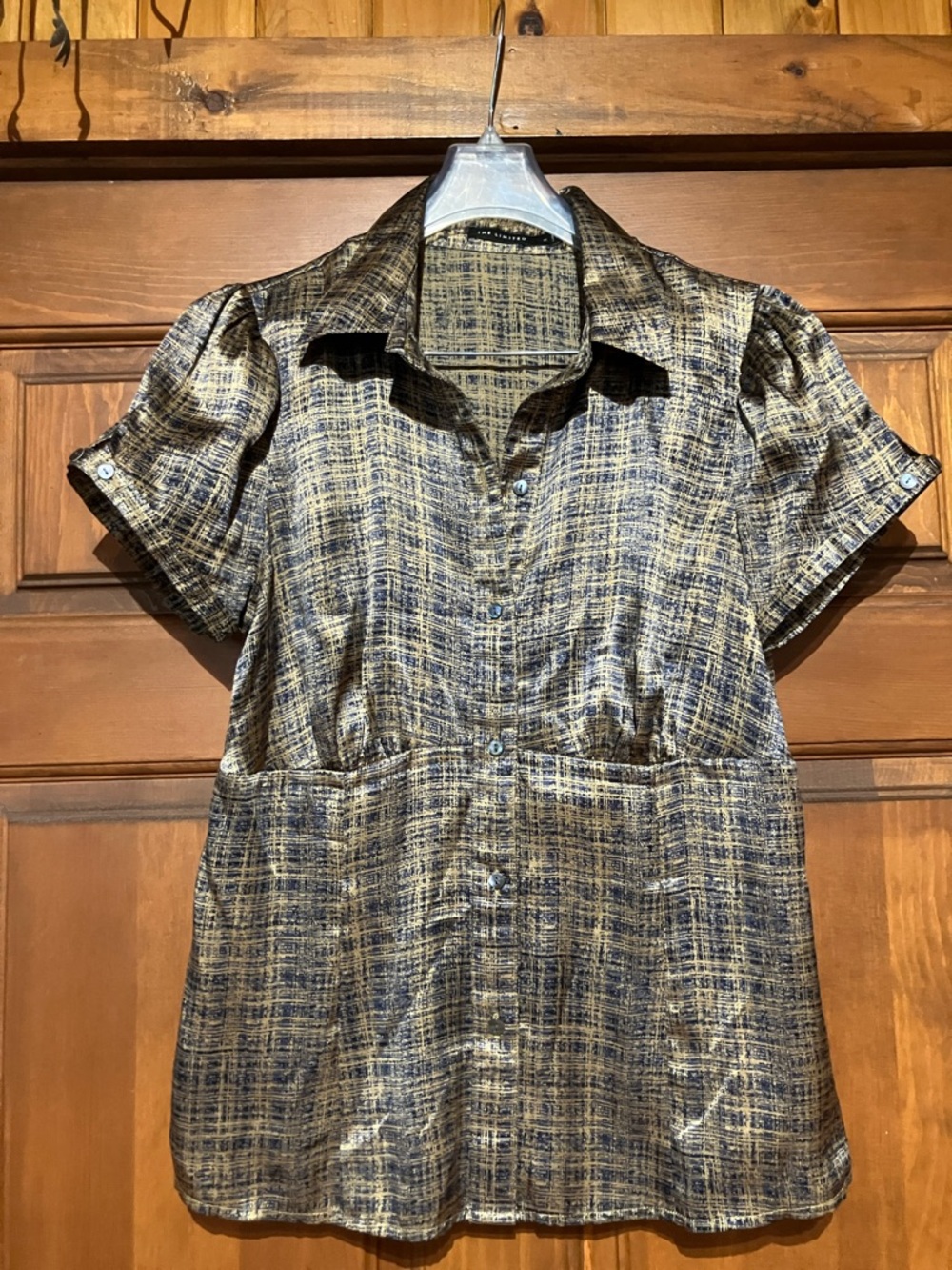 The Limited Short Sleeve Button Front Blouse - Blue & Tan Textured Plaid